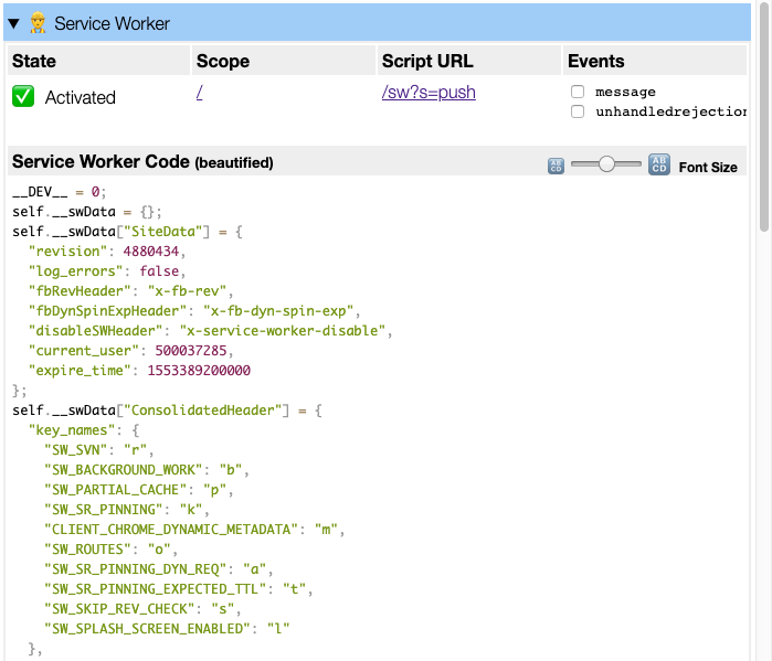 👷‍♀️ 👷 Service Worker Detector browser extension running on Facebook