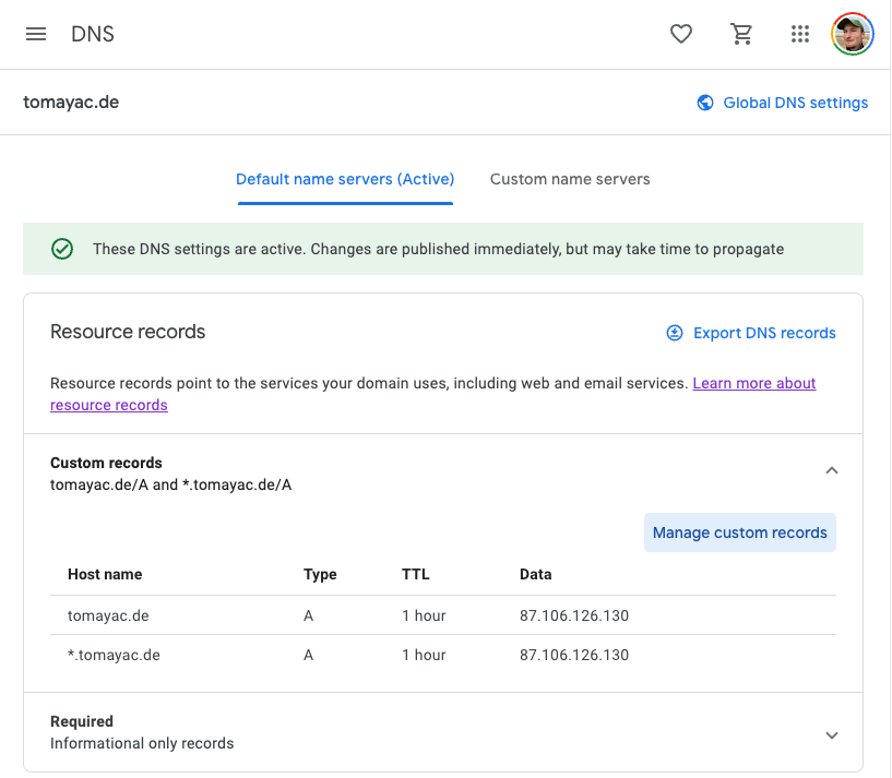 Google Domains admin panel showing the DNS section of the domain tomayac.de being edited.